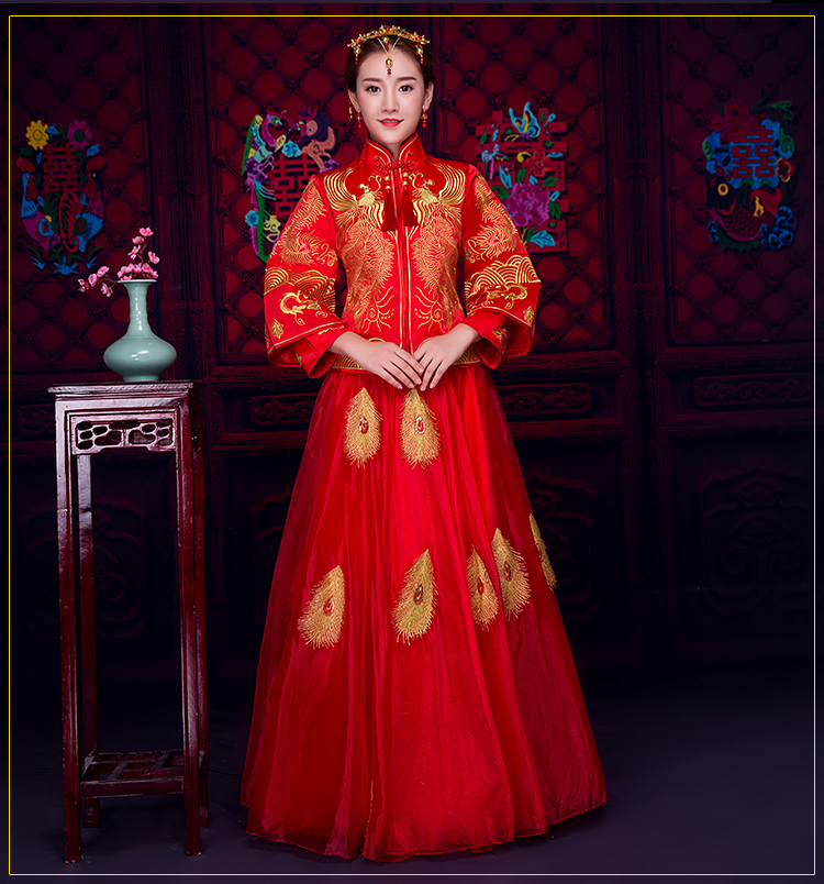 羽毛繡花蕾絲裙新娘禮服，時尚中式禮服