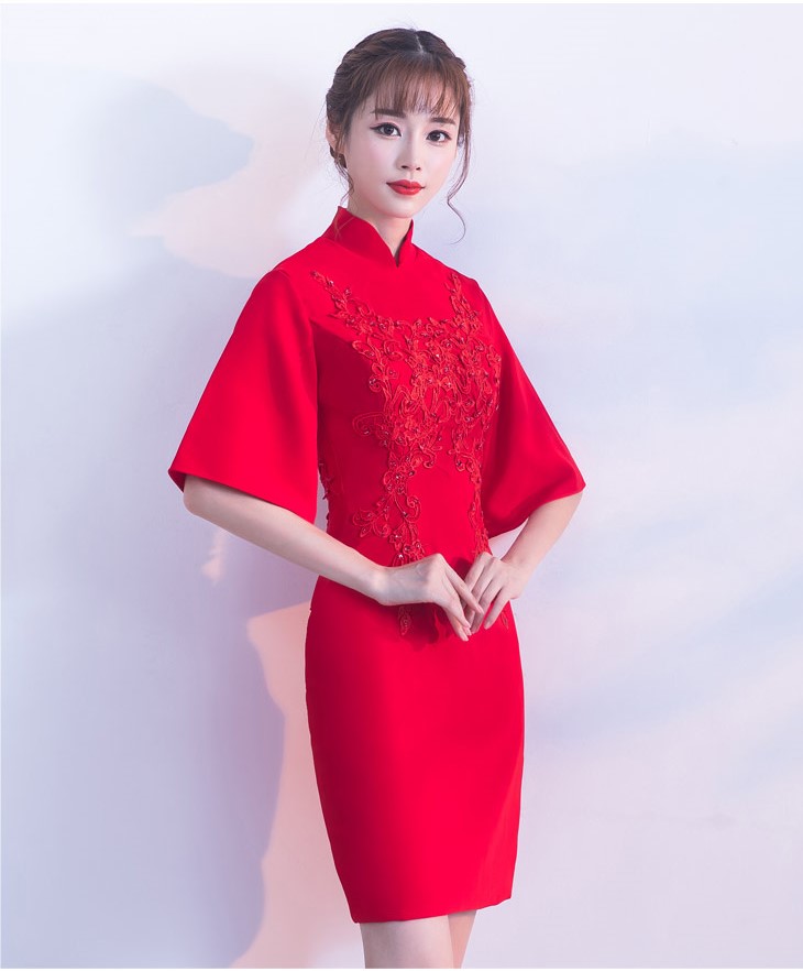 氣質(zhì)小禮服裙，短款紅色中式禮服