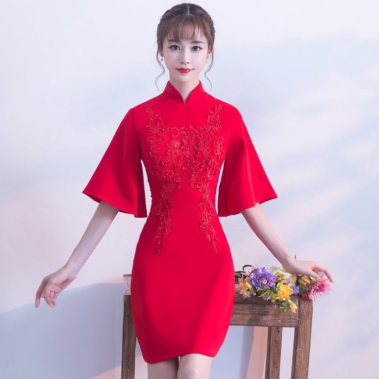 氣質(zhì)小禮服裙，短款紅色中式禮服