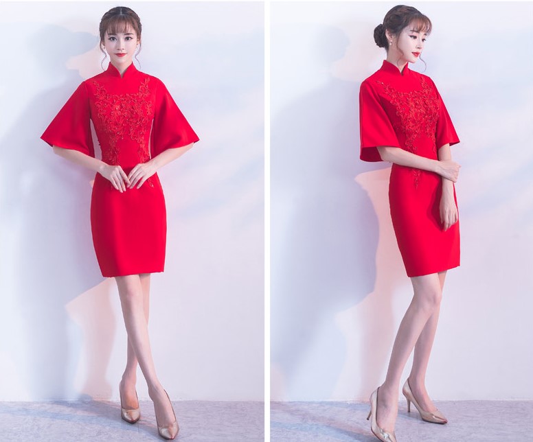 氣質(zhì)小禮服裙，短款紅色中式禮服