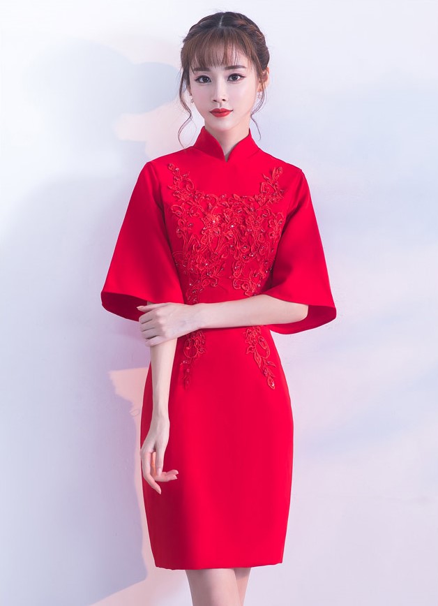 氣質(zhì)小禮服裙，短款紅色中式禮服