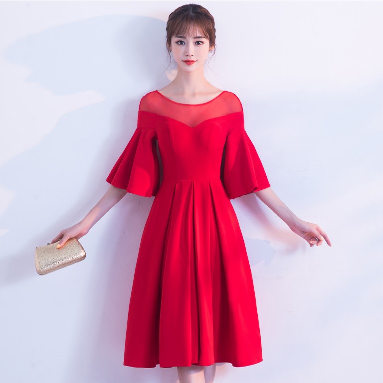 時尚荷葉袖中長款禮服裙，優(yōu)雅網紗中式禮服