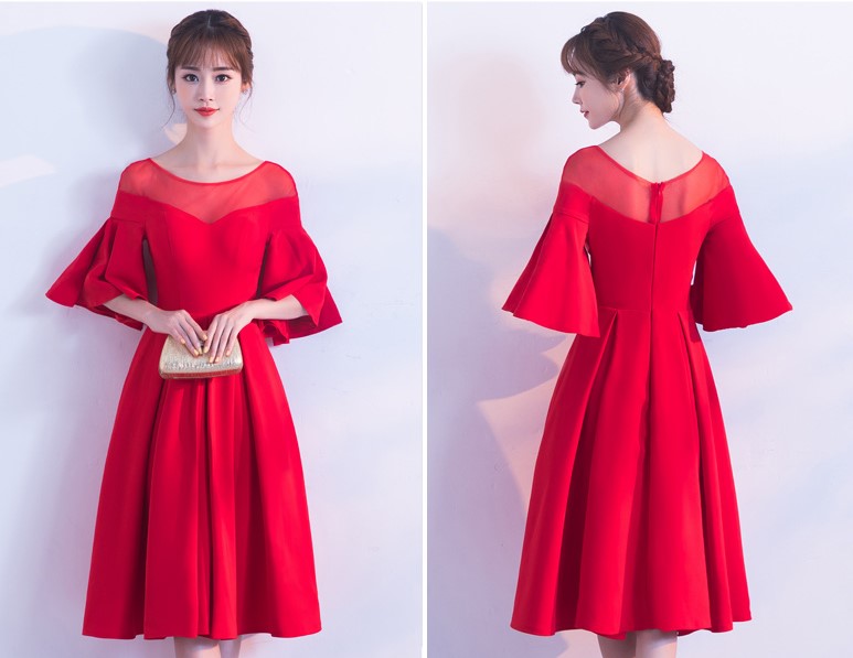 時尚荷葉袖中長款禮服裙，優(yōu)雅網紗中式禮服