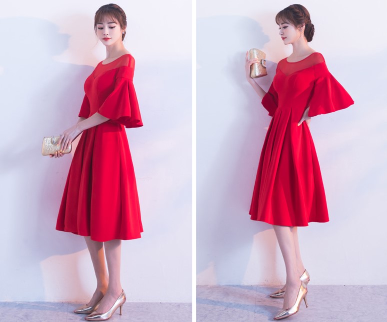 時尚荷葉袖中長款禮服裙，優(yōu)雅網紗中式禮服