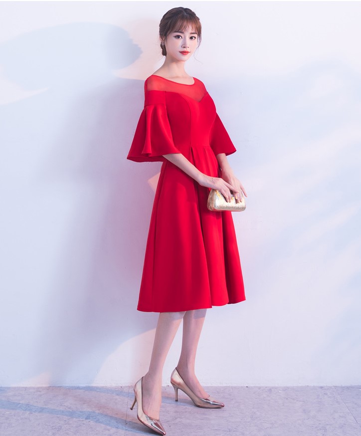 時尚荷葉袖中長款禮服裙，優(yōu)雅網紗中式禮服