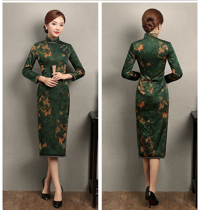 立領(lǐng)斜襟一字扣旗袍，印花修身旗袍裙