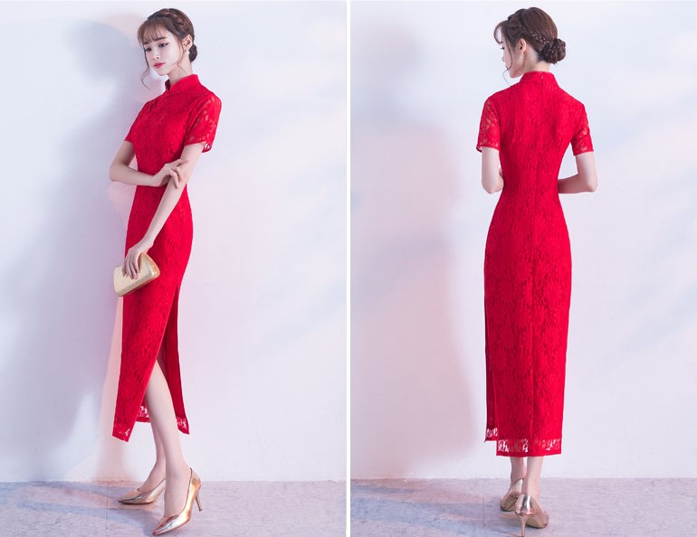 性感開叉紅色旗袍，蕾絲花紋旗袍禮服裙