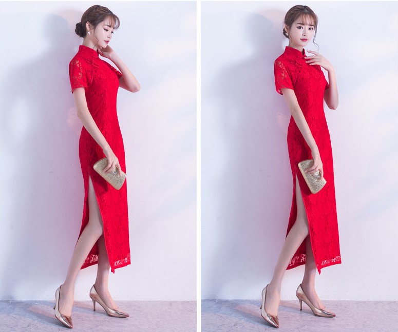 性感開叉紅色旗袍，蕾絲花紋旗袍禮服裙
