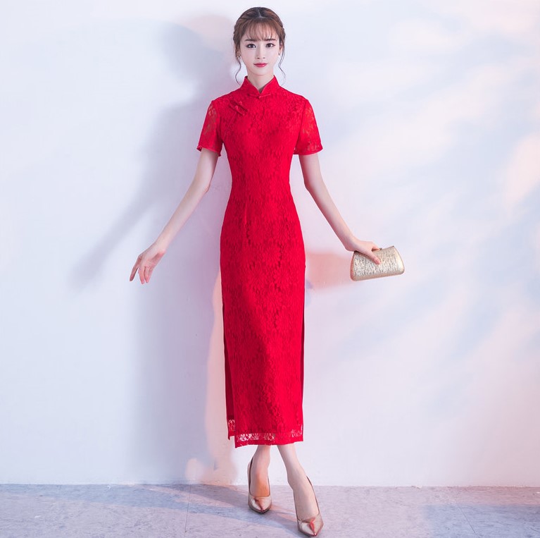 性感開叉紅色旗袍，蕾絲花紋旗袍禮服裙