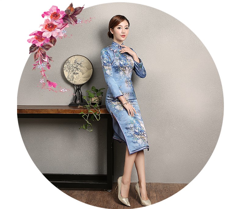 藍色印花開叉旗袍，時尚優(yōu)雅旗袍裙