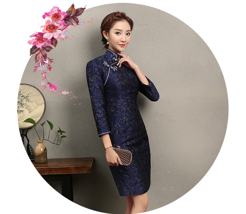 藍思印花中長款旗袍，端莊大氣旗袍裙