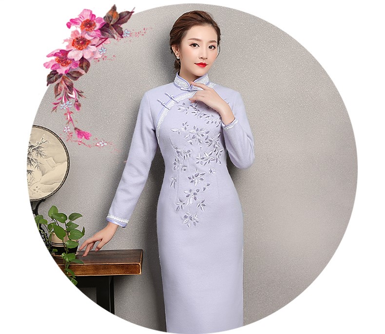 紫色繁花旗袍，復(fù)古刺繡旗袍裙