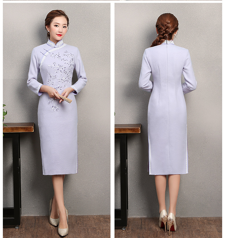 紫色繁花旗袍，復(fù)古刺繡旗袍裙