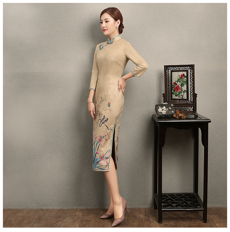 黃色印花相依旗袍，復(fù)古民族風(fēng)旗袍裙