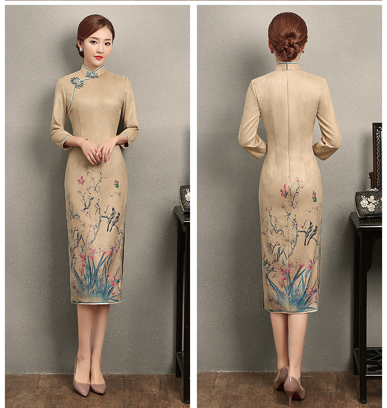 黃色印花相依旗袍，復(fù)古民族風(fēng)旗袍裙