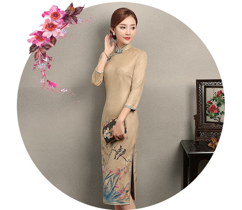 黃色印花相依旗袍，復(fù)古民族風(fēng)旗袍裙