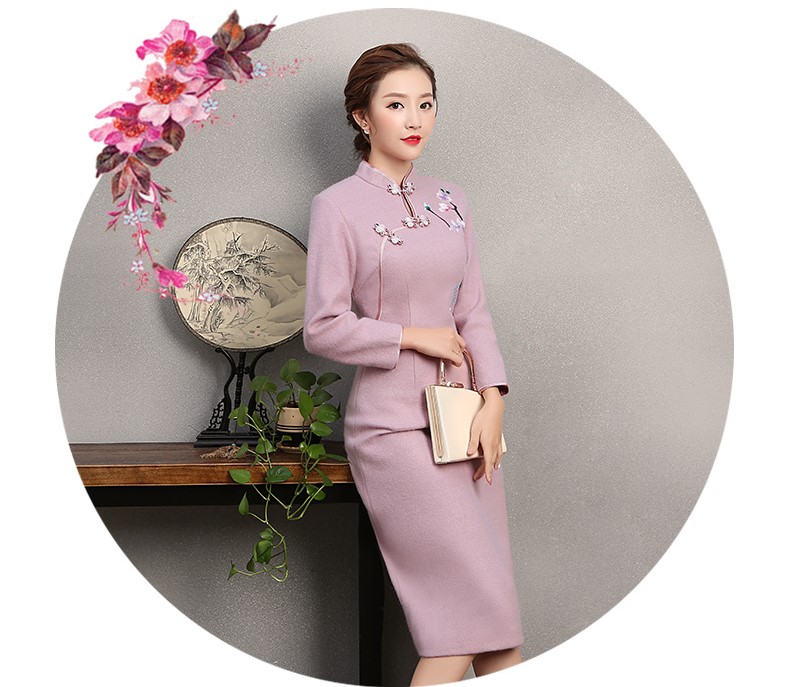 粉紫色繡花旗袍，復(fù)古民族風(fēng)旗袍裙
