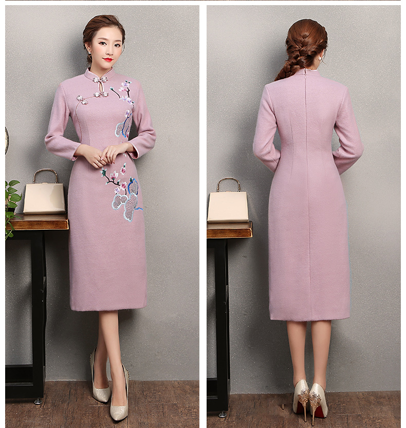 粉紫色繡花旗袍，復(fù)古民族風(fēng)旗袍裙