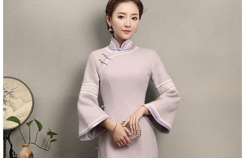 淺紫色花邊旗袍，簡(jiǎn)潔大氣的旗袍裙