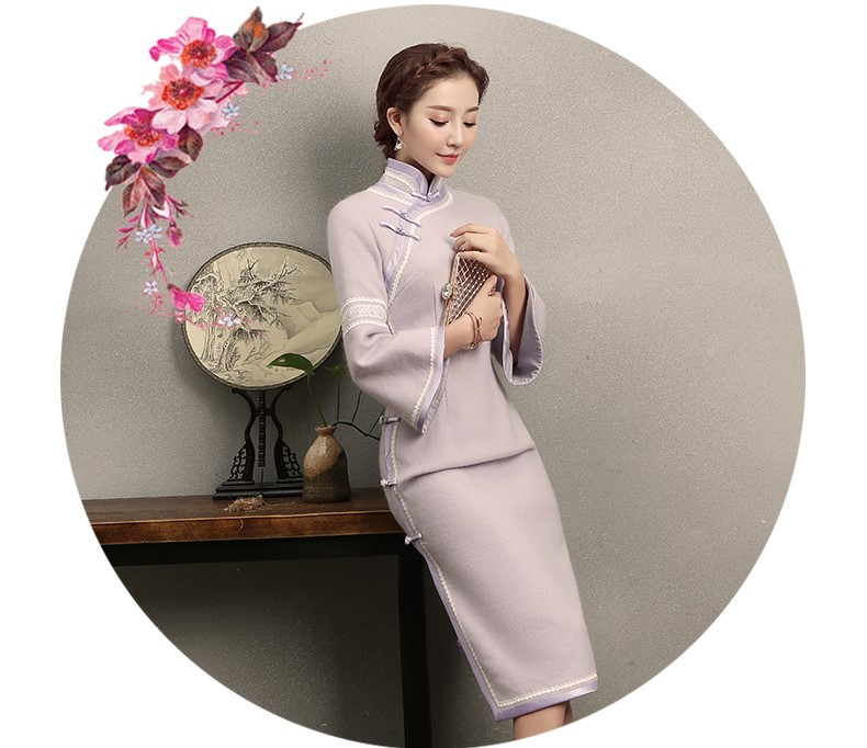 淺紫色花邊旗袍，簡(jiǎn)潔大氣的旗袍裙