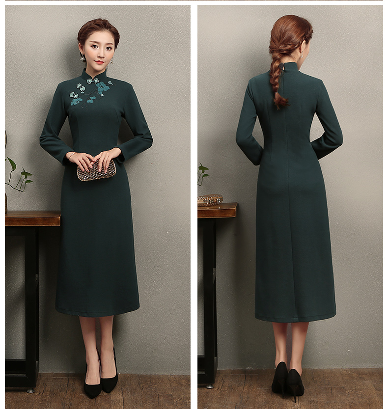淺墨綠色繡花旗袍，碧嫻復(fù)古旗袍裙