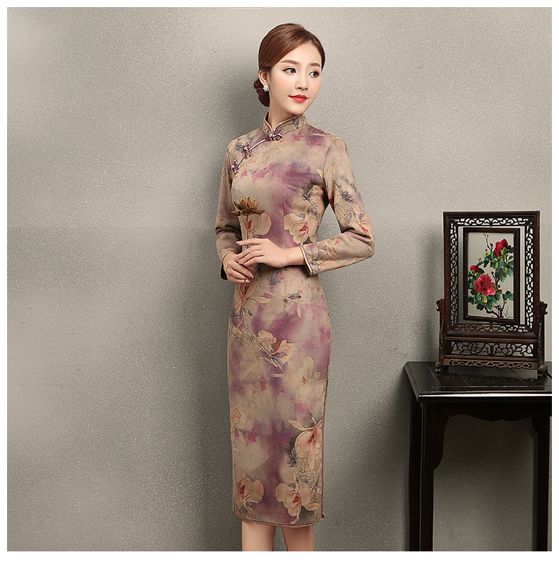 杏灰紫玉蘭印花旗袍，復(fù)古旗袍裙