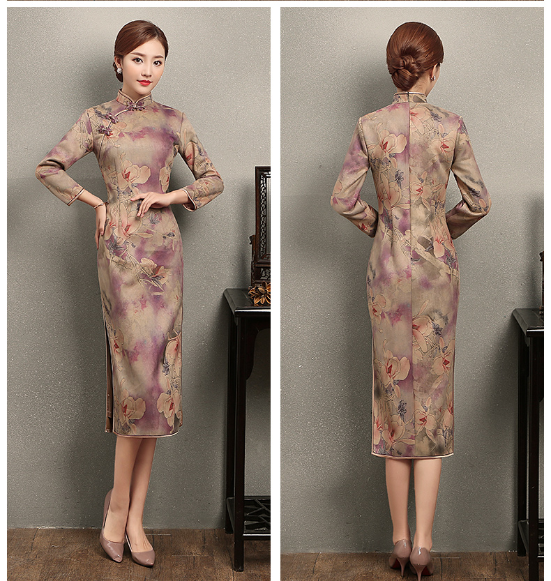 杏灰紫玉蘭印花旗袍，復(fù)古旗袍裙