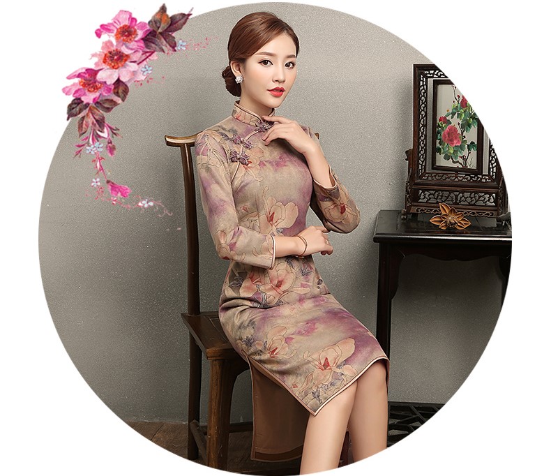 杏灰紫玉蘭印花旗袍，復(fù)古旗袍裙