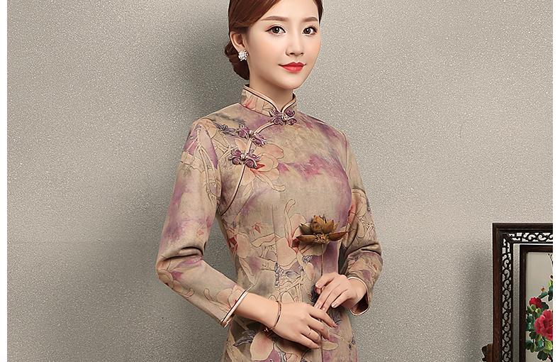杏灰紫玉蘭印花旗袍，復(fù)古旗袍裙