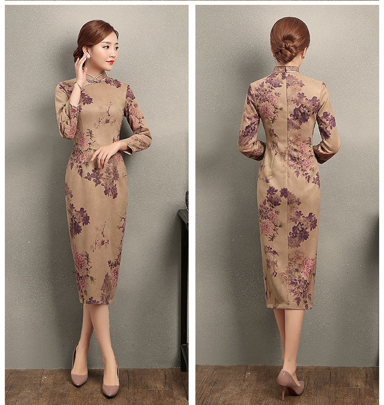 紫云牡丹印花旗袍，復(fù)古風(fēng)旗袍裙