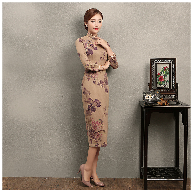 紫云牡丹印花旗袍，復(fù)古風(fēng)旗袍裙