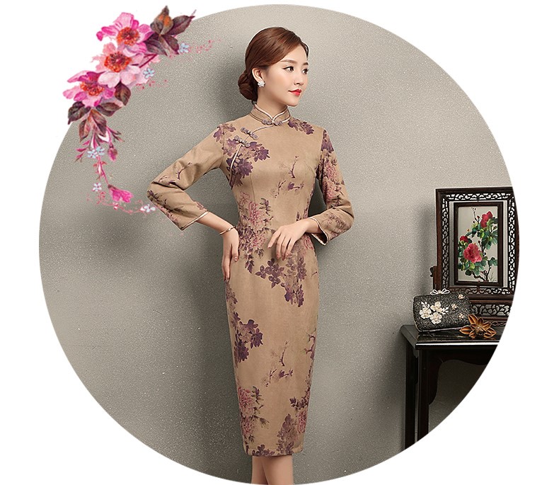 紫云牡丹印花旗袍，復(fù)古風(fēng)旗袍裙