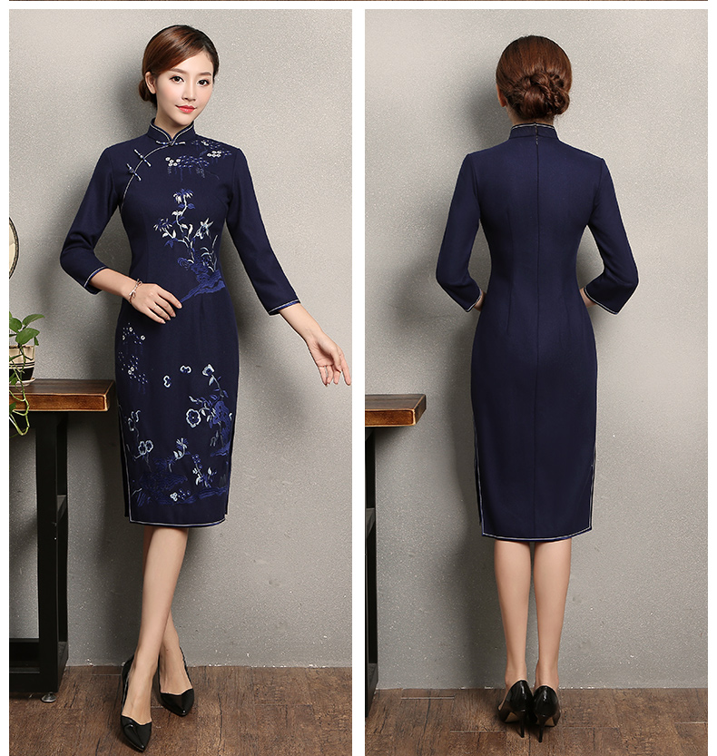 深藍色繡花旗袍，復古風旗袍裙