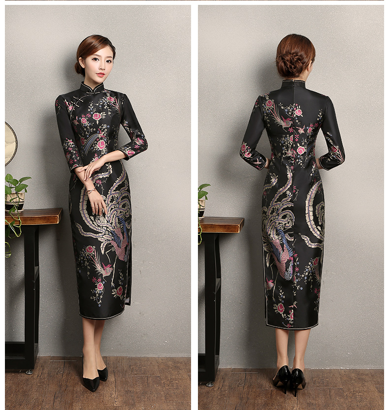 黑色鳳鳥提花旗袍，復(fù)古風(fēng)旗袍裙