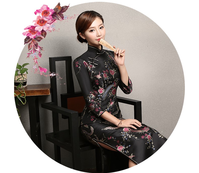 黑色鳳鳥提花旗袍，復(fù)古風(fēng)旗袍裙