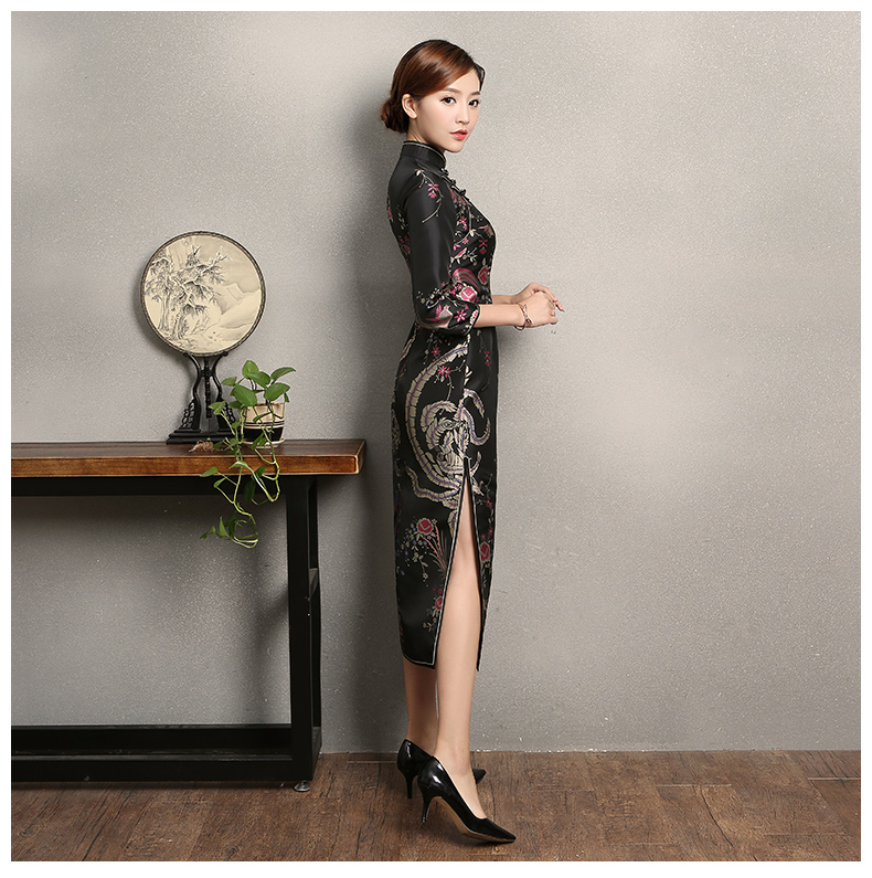 黑色鳳鳥提花旗袍，復(fù)古風(fēng)旗袍裙