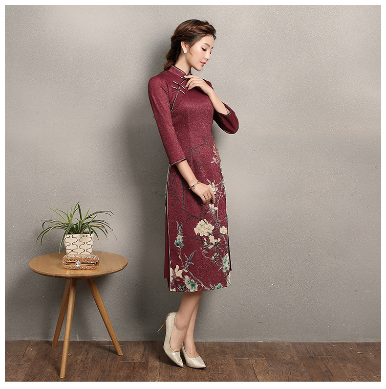 棗紅色奧黛風(fēng)旗袍，復(fù)古中式旗袍裙
