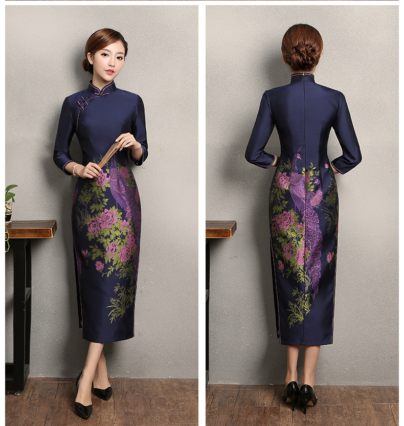 寶藍(lán)色孔雀提花旗袍，復(fù)古中式旗袍裙