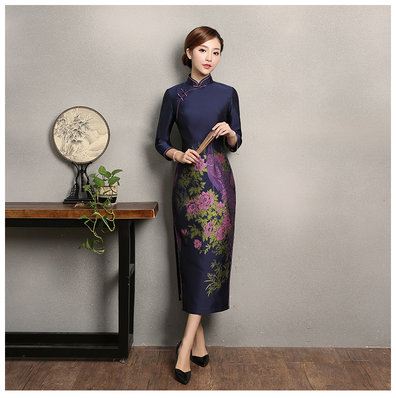 寶藍(lán)色孔雀提花旗袍，復(fù)古中式旗袍裙