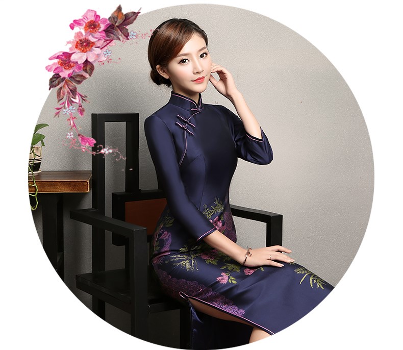 寶藍(lán)色孔雀提花旗袍，復(fù)古中式旗袍裙