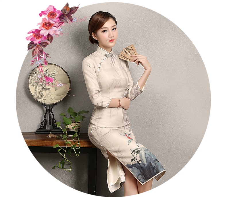 水墨山水印花染旗袍，復(fù)古匠心啟航閱讀旗袍裙