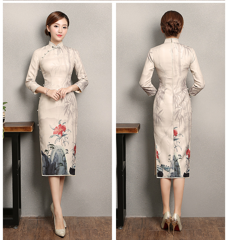 水墨山水印花染旗袍，復(fù)古匠心啟航閱讀旗袍裙