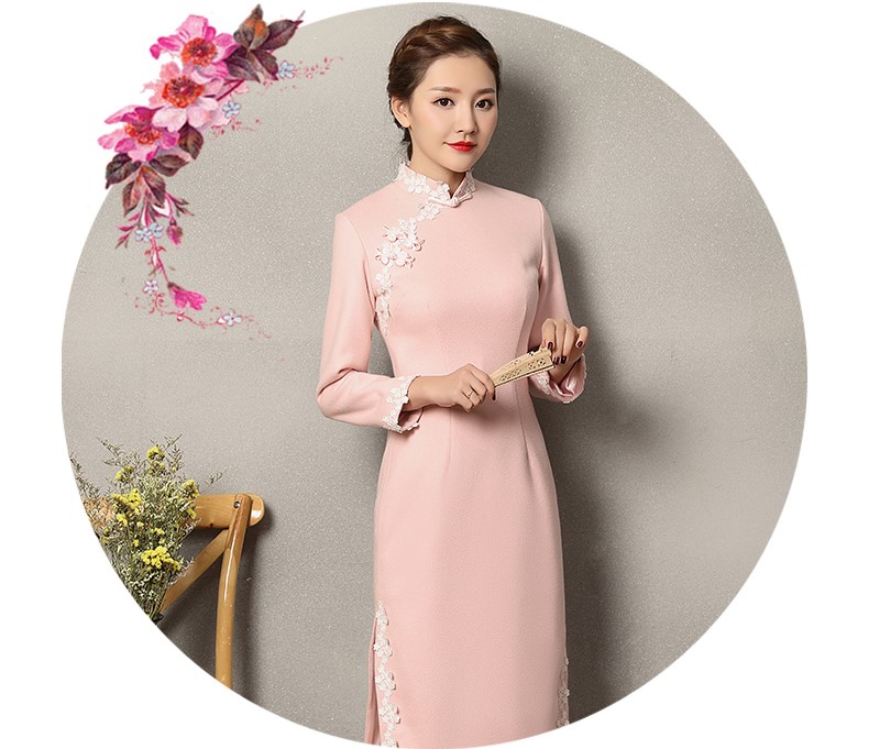 粉色蕾絲花邊旗袍，清純淑女旗袍裙