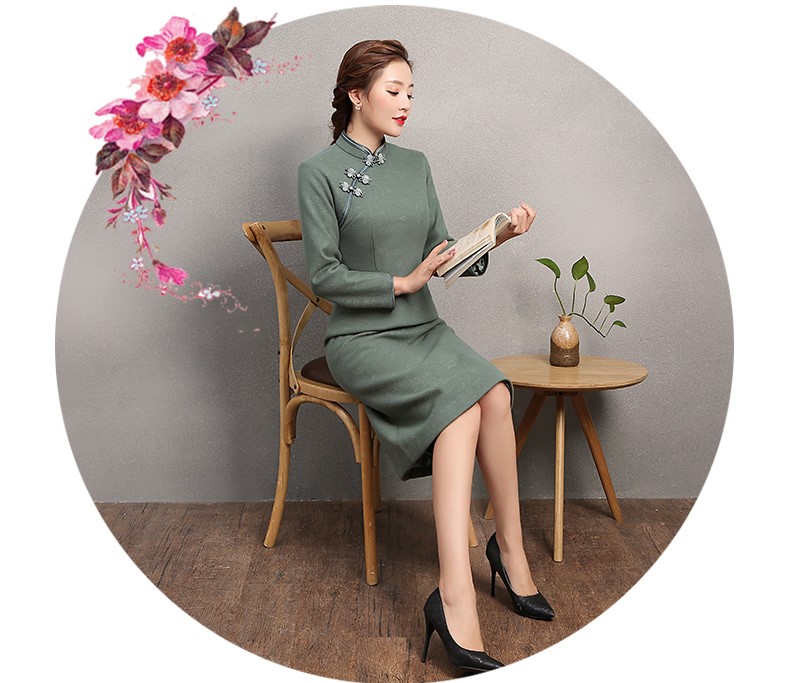 素凈灰綠色旗袍，復(fù)古匠心啟航閱讀旗袍裙