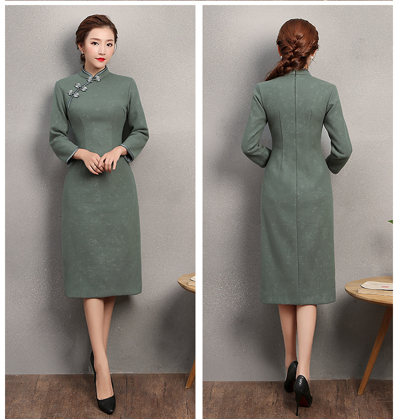 素凈灰綠色旗袍，復(fù)古匠心啟航閱讀旗袍裙