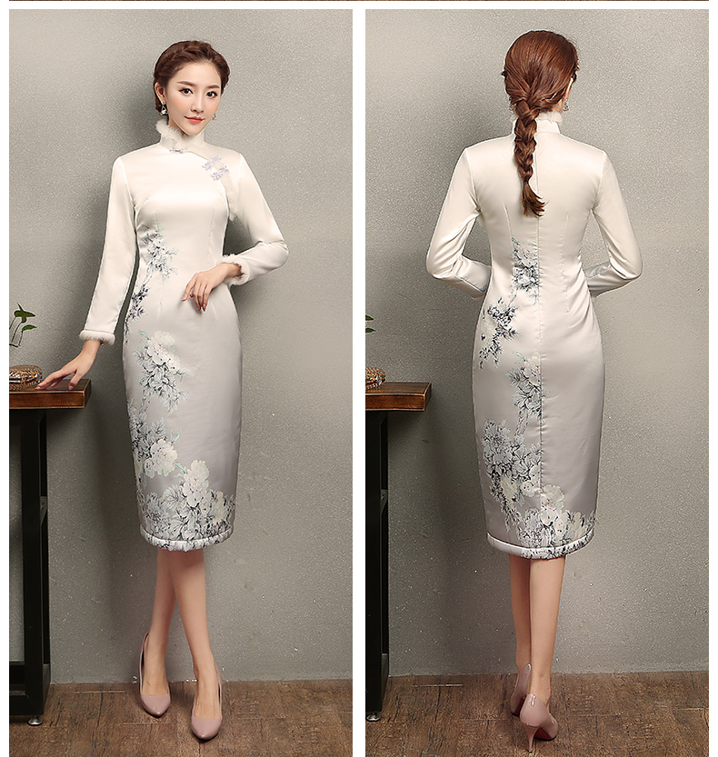 花雪牡丹印花旗袍，白色冬季旗袍裙