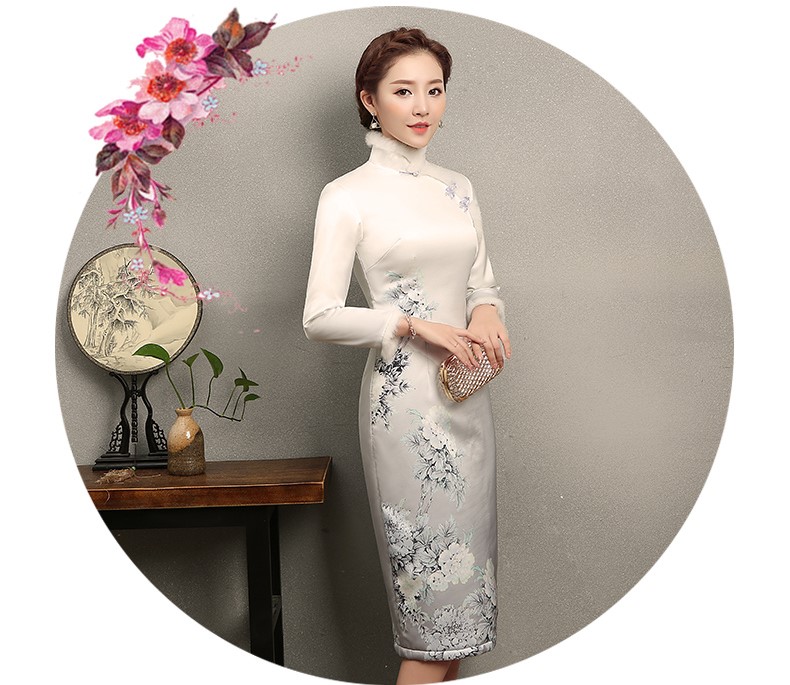 花雪牡丹印花旗袍，白色冬季旗袍裙