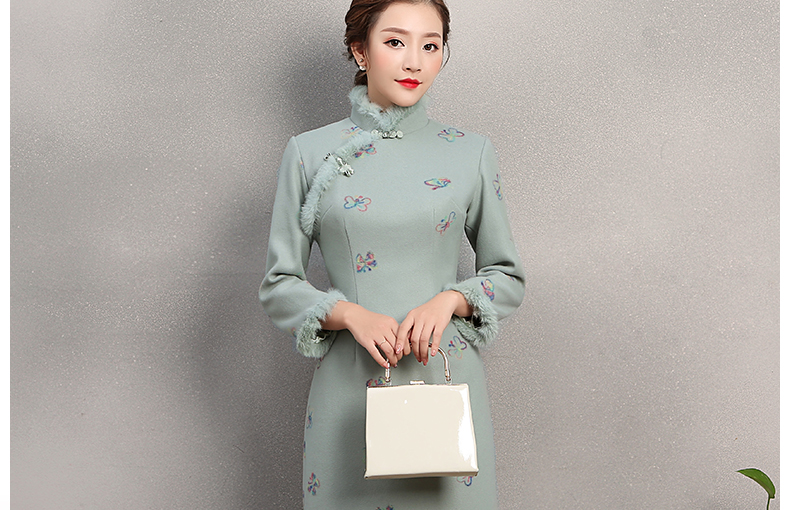 粉綠色舞蝶旗袍，兔毛包邊冬季旗袍裙