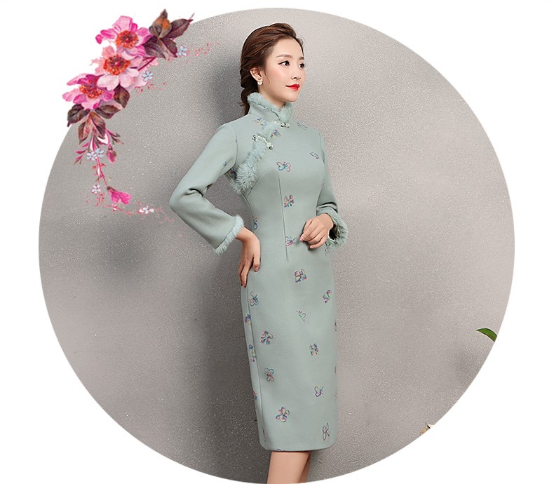 粉綠色舞蝶旗袍，兔毛包邊冬季旗袍裙