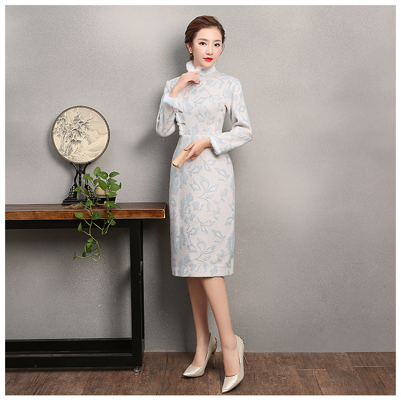 素凈淡雅旗袍，兔毛立領(lǐng)冬季旗袍裙